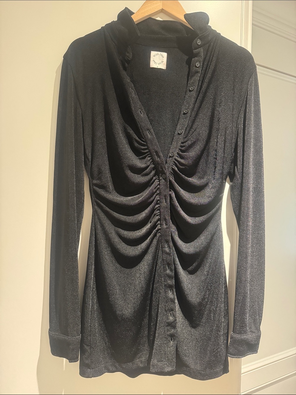 With Jean Black Ruched Button-Up Mini Dress
